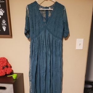 Teal Lace Mesh Overlay Maternity Maxi Dress